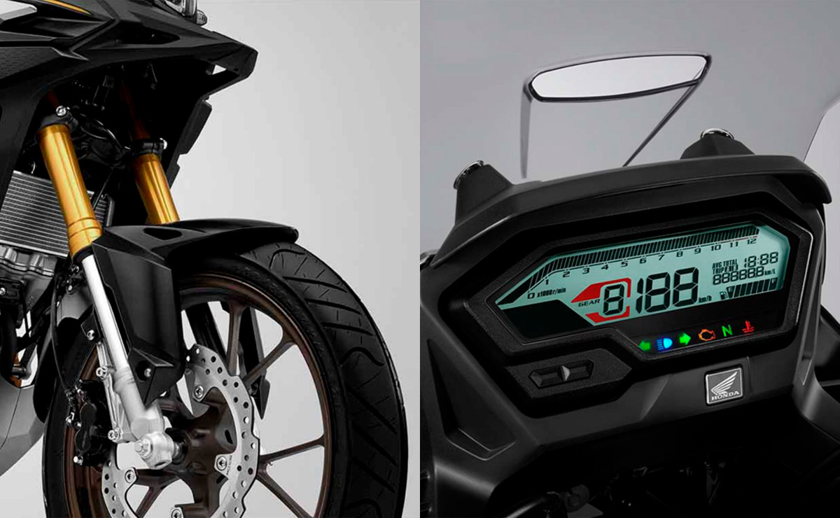 Honda CB150X gris y negra detalles horquilla freno delantero panel instrumental